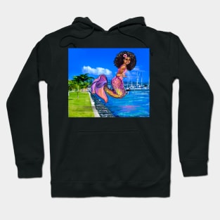 Mermaid with big afro hair, diving into the ocean. Black Mermaid. The best Gifts for black women 2022 Hoodie